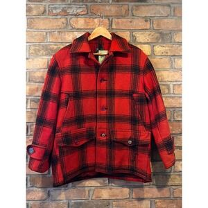 Vintage 60s JC Higgins Sears Roebuck Red Black Plaid Wool Hunting Jacket Mens L